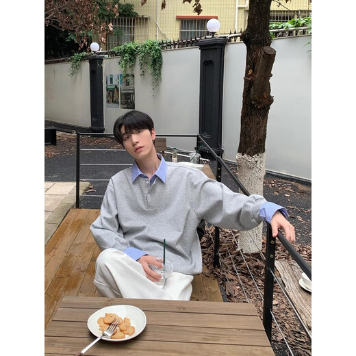 南啵丸假两件衬衫男春秋季2025新款内搭叠穿长袖翻领亨利打底衫衬衣外套 黑色 S