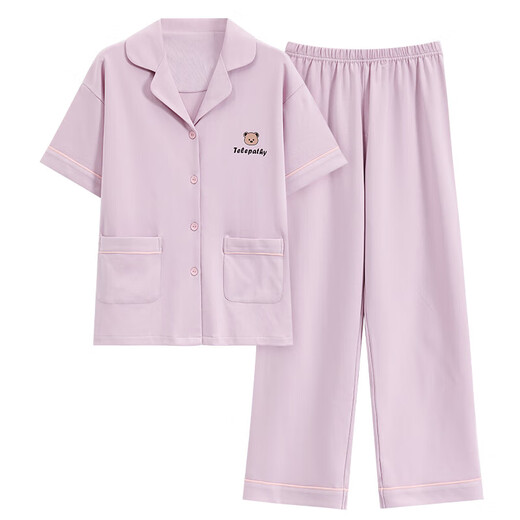 新款纯棉睡衣女夏短袖套装开衫可爱夏长裤卡通休闲季家居服2025年 9734 紫色 2XL 【140-160斤】