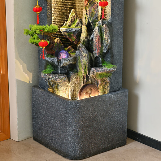 Hougu Decoration Home Rockery, Fish Pond, Waterfall and Flowing Water Ornaments Floor-to-ceiling Living Room Office Feng Shui Lucky Circular Water Curtain Wall Opening Gift Fresh and Elegant Green Plants