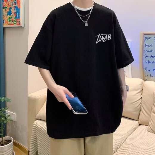 POUM Kurzärärmig T-Shirt Herren Sommertrend Einfacher Baumwolltop Hong Kong Style Lose Casual Trendy Brand T-Shirt MSL-C671 White S [Empfohlen 90-105 Jin [Jin Equals gleich 0,5 kg]]