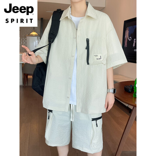 JEEP SPIRIT Summer Ice Silk Short Sleeve Shirt Men's Set 2025 New Casual Shirt Summer Wear with a Complete Set of Clothes 6628 meters white XL About 120~145Jin [Jin equals 0.5 kg] Can be worn