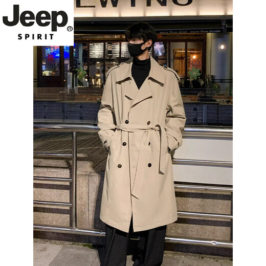 Jeep Spirit High-End Retro Double Breasted Windbreaker Herren Spring Neue Feste Farbe Einfacher mittelgroßer britischer Stil großer Größe Schwarz L.