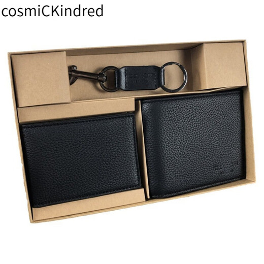 CosmicKindred2025新款男士老花浮雕短款商务休闲牛皮对折钱包卡包钥匙扣礼盒装 印花黑