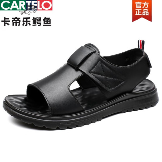 CARTELO Sandals Men's genuine leather 2025 new summer breathable non-slip outdoor beach shoes casual thick-soled driving sandals CLP6189 black 38