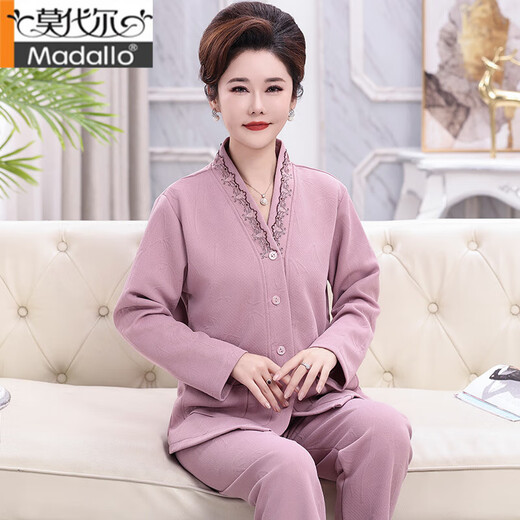 莫代尔中年妈妈睡衣女春秋冬薄夹棉加厚纯棉夹层空气棉家居服套装 YZL-XPW4872 M 【建议80-100斤】