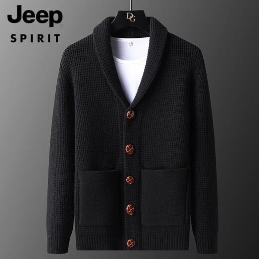 JEEP SPIRIT Thick Thread Sweater Jacket Men's Green Fruit Collar Cardigan Sweater Loose Large Size Retro Japanese Thickened Sweater Black L 170