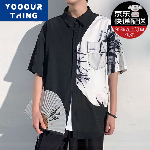 YOOOURTHING黑白拼接水墨画短袖衬衫男高级感新中式男装冰丝半袖衬衣夏季外套 水墨画 XL (建议120-145斤)