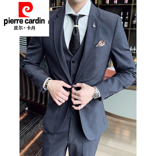 Pierre Cardin Men's Casual Suit Suit Men's Slim Korean Style Trendy Handsome Small Suit Groom Wedding Dress New Product Apricot Suit + Trousers Two-piece Set L