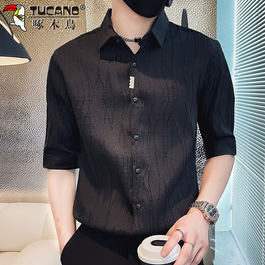 Specht (Tucano) Shirt Herren Frühling und Sommer dünne Fünf-Punkte-Hülle Casual Shirt Herren koreanischer Stil Trendy Jacke Herren Schwarz XL