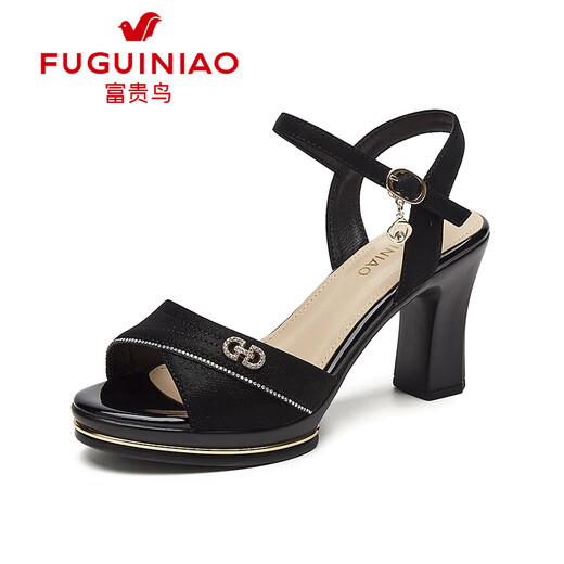 富贵鸟（FGN）高跟鞋女2025夏季新款一字扣凉鞋配裙子妈妈鱼嘴女鞋子 黑色 35