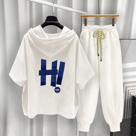 Yushida Hong Kong-Stil mit Kapuze mit Kurzärärmelanzug Herren Sommer Trendy Printed T-Shirt Handsome Ganze passende weiße T5019+Grey K9215 S Geeignet (85-105jin [Jin gleich 0,5 kg]))