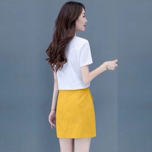 Fini Dongjue small dress suit for women in summer 2025 new T-shirt two-piece short skirt for female students a-line skirt. Han 6199# white top + yellow skirt [Set S
