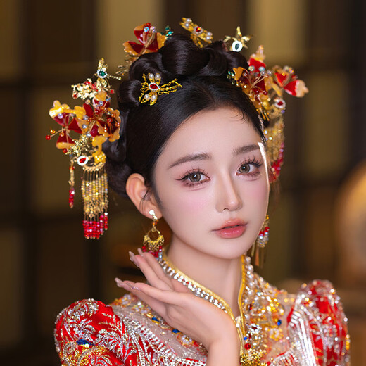 Youshu headdress Xiuhe Chinese style bridal headdress wedding Xiuhe clothing headdress high-end simple and elegant golden red face small model headdress + ear clip