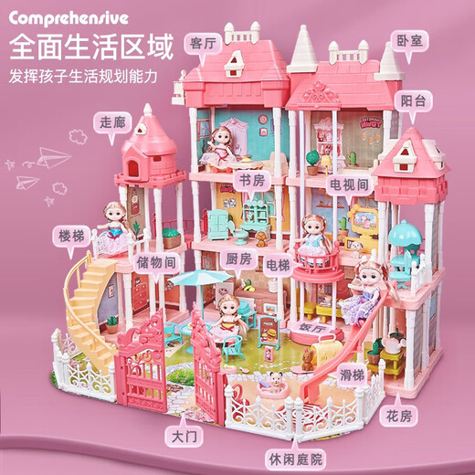Yunya Kinderspielzeug Mädchen spielen Haus Haus Set Princess Castle Doll Haus Puppe Haus kleines Mädchen Geburtstag Geschenk Super großes dreistöckige Villa-4-Babys + LED Lights