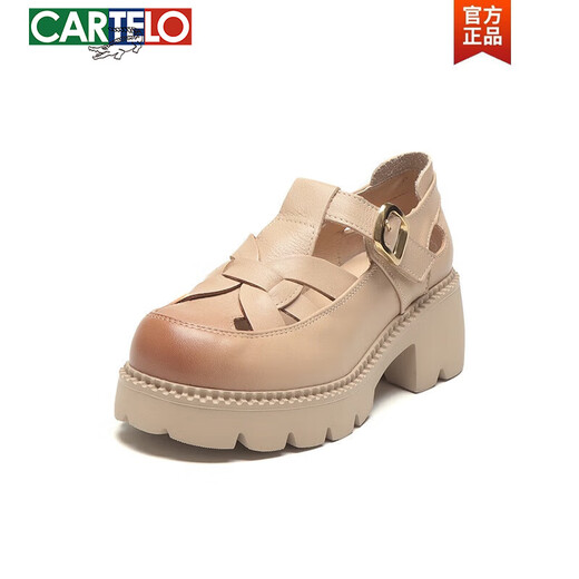 卡帝乐鳄鱼（CARTELO）夏季包头不露脚趾真皮罗马凉鞋女款头层牛皮厚底坡跟女鞋镂空皮鞋 黑色 38