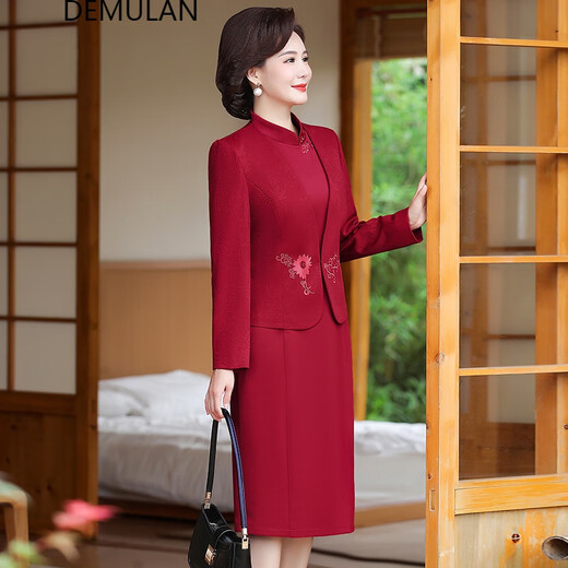熙威尼结婚礼服妈妈喜服春秋季两件套装旗袍连衣裙喜婆婆婚宴装 9276玫红 XL 建议95-105斤