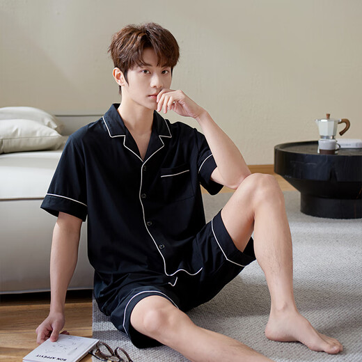 Shaqian couple pajamas summer cool cotton high-end girls short-sleeved simple black men's summer home wear