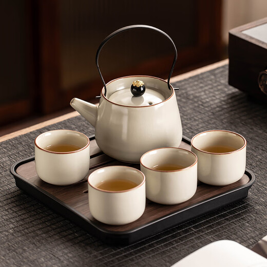 Porcelain brand tea set, one pot and four cups, household light luxury Kung Fu teapot, tea cup with tea tray, small set for making tea for guests, Huang Ru Yu Huang Liang 4 cups + walnut color small square plate