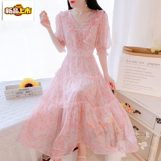 Break de thé français du premier chemin en V Beau robe en mousseline de mousseline florale pour l'été féminin 2025 Nouveau tempérament à la taille de la taille de fée-jupe longue Blue 736 # [Version Robe] L [suggéré 105-120jin [Jin est égal à 0,5 kg]]]