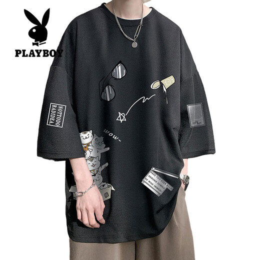花花公子（PLAYBOY）男士短袖t恤夏季冰丝新款潮牌港风小猫印花上衣青少年七分袖体恤T Q11115B黑色+Q11162B蓝色 2XL 约145~160斤可穿