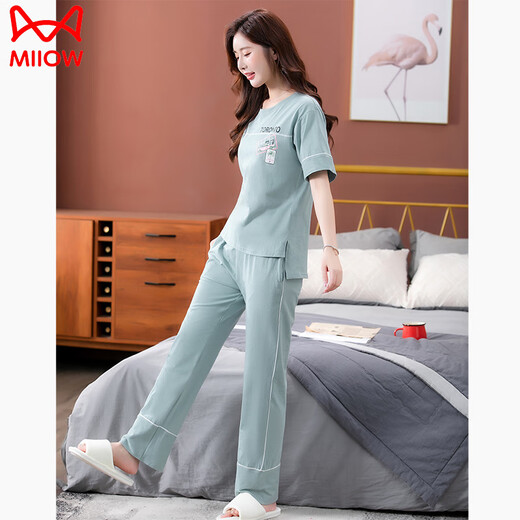 Catman (Miiow) Pajamas for Women for Summer Pure Cotton 2025 Nouveau pantalon à manches courtes Clothing Home Clothing pour le costume de coton mince 7374 Green 2xl 140-160jin [Jin est égal à 0,5 kg]
