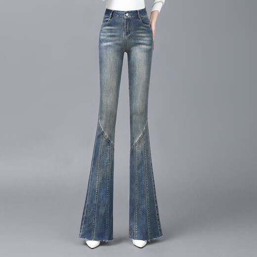 
Wen Yingyan retro jeans bell-bottom pants for women in spring and summer 2025 new high-waisted slimming and elastic slightly flared pants dark blue regular (983) L (recommended weight 110-120 Jin [Jin equals 0.5 kg])
