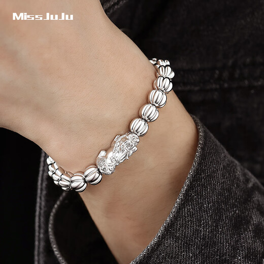 Miss JuJu pt950 platinum bracelet for men, high-quality platinum, domineering and lucky, brave round bead bracelets are thick, in stock, net weight 47.56g, about 10mm thick