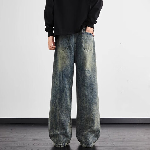 Yiran jeans men's straight-leg autumn and winter new American high street retro loose casual wide-leg lightning pattern trendy pants for men blue XL recommended 120-140Jin Jin equals 0.5 kg