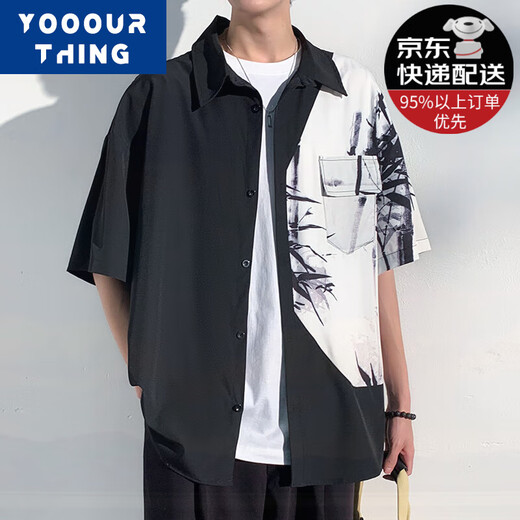 YOOOURTHING黑白拼接水墨画短袖衬衫男高级感新中式男装冰丝半袖衬衣夏季外套 水墨画 XL (建议120-145斤)