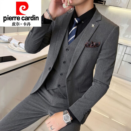 Pierre Cardin brand high-end suit men's three-piece Korean version slim business formal casual small suit groom wedding black suit + trousers + vest + shirt collar L recommended 100-115 Jin Jin equals 0.5 kg