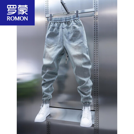 罗蒙（ROMON）2025春秋季水洗牛仔裤男大口袋束脚哈伦裤浅蓝色痞帅束脚休闲裤 浅蓝色 32 建议135-150斤
