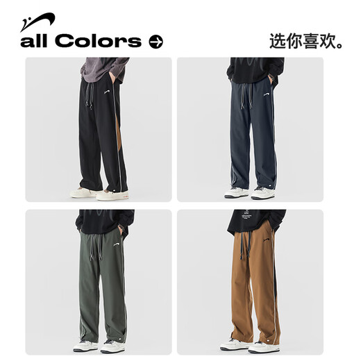 贵人鸟直筒裤子男士春秋季2025新款宽松条纹大码阔腿裤男生运动休闲长裤 军绿色 XL