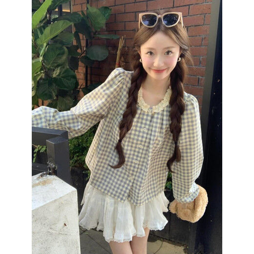 Moyiya (Moyiya) [826 personnes Collection] Sweet Plaid Lace Lace Round Coud Plaid Plaid Long à manches pour femmes Spring New Style Black [peut être porté pendant toutes les saisons] Recommandé 116-125 Jin [Jin équivaut à 0,5 kg] xl