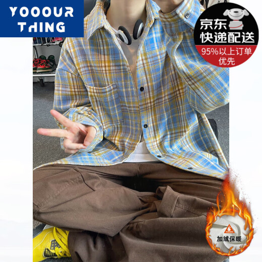 YOOOURTHING美式复古格子衬衫男长袖春秋冬加绒加厚宽松情侣百搭休闲衬衣外套 CJ9734-玫红 加绒 M (建议90-110斤)