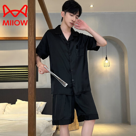 猫人（MiiOW）新款黑色男士睡衣夏季薄款短袖套装新款夏天男生冰真丝家居服 G723 L (身高170左右体重-130斤)