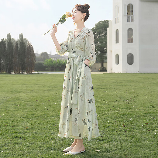 Robe imprimée de la maison Cypress 2025 printemps et été de la manche en V Nouveau-couches en V