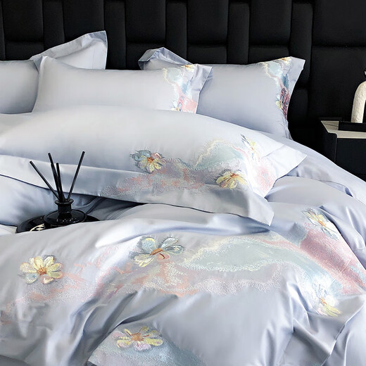Mengyan MENGYAN's new 100-count pure cotton four-piece set, light luxury long-staple cotton 100% cotton bed sheets and duvet covers, thickened warm bedding, Cloud Blossoms - Baby Blue Sheet Type 1.5 meters (quilt cover 200*230cm)