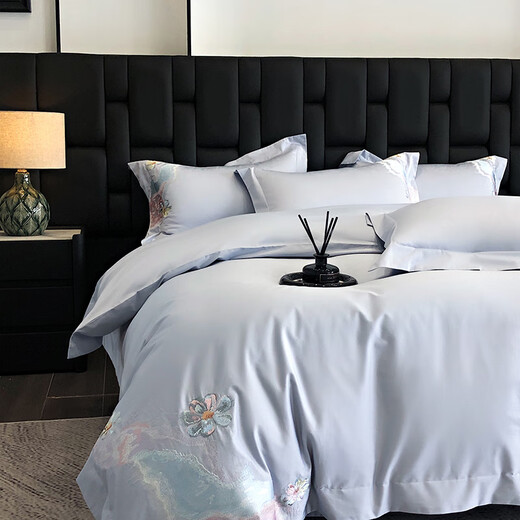 Mengyan MENGYAN's new 100-count pure cotton four-piece set, light luxury long-staple cotton 100% cotton bed sheets and duvet covers, thickened warm bedding, Cloud Blossoms - Baby Blue Sheet Type 1.5 meters (quilt cover 200*230cm)