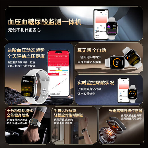 ZEDI高端精准测血压手表智能血糖监测手表老人心率血氧健康动态无创免扎针一体机记录手环仪器节日礼物 【旗舰款银色】智能数据分析+实时健康监测 真无创监测一体机