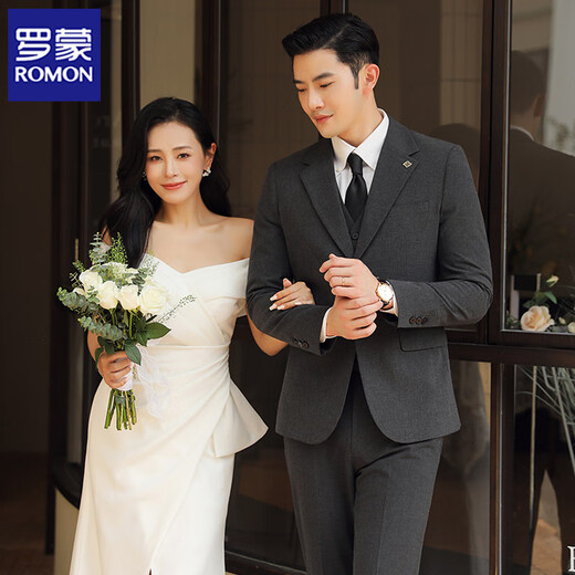 Luo Meng groom wedding suit men's Korean slim dress business professional formal suit men's British tops medium gray double button suit + trousers + vest + shirt XL 120-135Jin Jin equals 0.5 kg