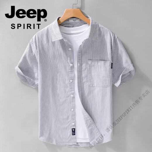 JEEP SPIRIT男士条纹短袖衬衫日系休闲宽松上衣夏季薄款潮流百搭纯棉衬衣 9721黑色 2XL 150斤左右