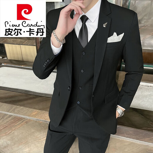 皮尔卡丹（pierre cardin）男士西装套装男商务休闲修身正装春秋职业小西服青年新郎结婚礼服 深灰色-三件套(上衣+裤子+马甲 M