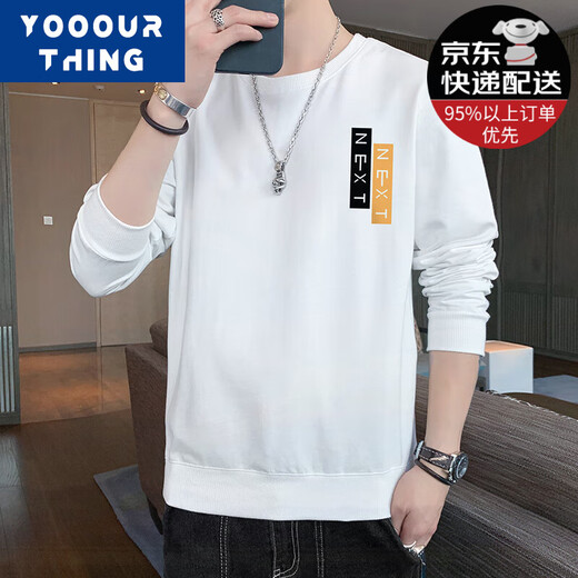 YOOOURTHING long-sleeved t-shirt men's spring and autumn fashion brand slim fit versatile round neck sweatshirt men's ins trend bottoming shirt white XL (recommended 115-140Jin Jin equals 0.5 kg)