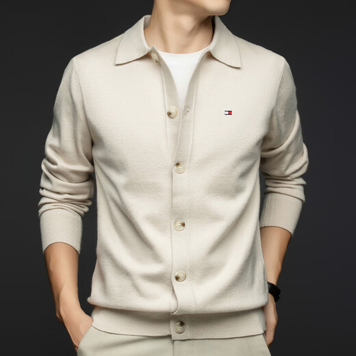 TOMMY JOHN美国汤米纯色羊毛开衫男春秋装翻领保暖毛衣时尚外套男针织打底衫 米色 专柜品质，质量保证 2XL 180 建议160-175斤