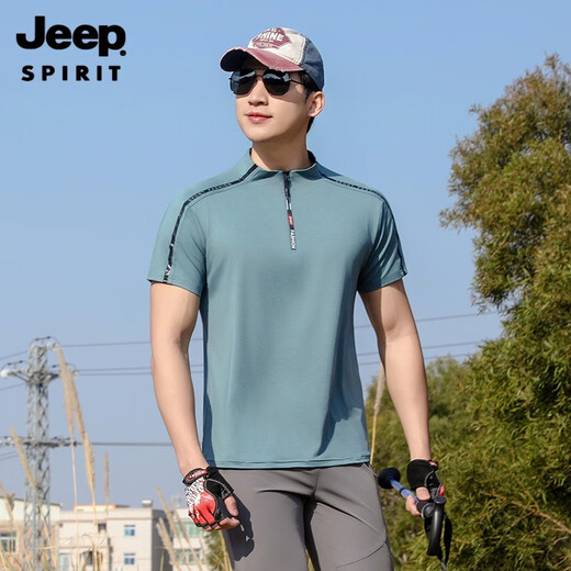 Jeep (JEEP) outdoor mountaineering hiking short-sleeved ice silk quick-drying T-shirt men's sports morning running half-zip quick-drying clothing cycling suit summer AJ71 Chinese army green cool short-sleeved L recommended 100/120Jin Jin equals 0.5 kg