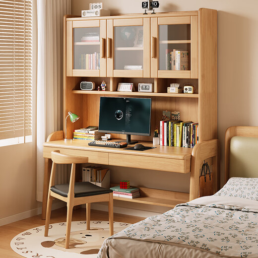 Cool Kailong writing desk and bookcase integrated solid wood household bookcase combination study desk small bedroom bedside computer desk ivory white table + high cabinet insist on selecting solid wood 104x60x186cm