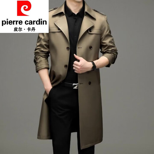 Pierre Cardin mid-length windbreaker men's spring and autumn business casual over-the-knee men's coat jacket double-breasted temperament large size trendy camel. XL