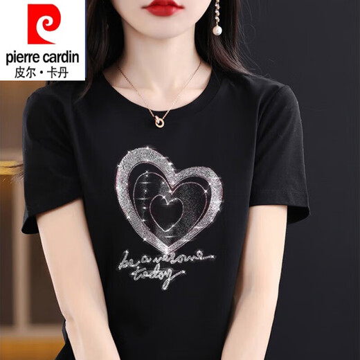 皮尔卡丹（pierre cardin）纯棉短袖t恤女大1码夏装新款时尚烫钻圆领半袖上衣黑色镶钻打底衫 圆领-连环爱心钻-黑色短袖 3524 2XL 适合135-165斤