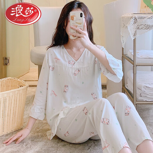 浪莎（LangSha）春秋九分袖套装绵绸女睡衣2025新款夏天家居服女人造棉绸可外穿 YR-九分袖2603粉底小熊 XL (110-125斤)