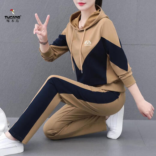 啄木鸟品牌运动服套装女春秋新款中青年大码宽松卫衣外套休闲两件套潮 9196红色 M建议75-98
